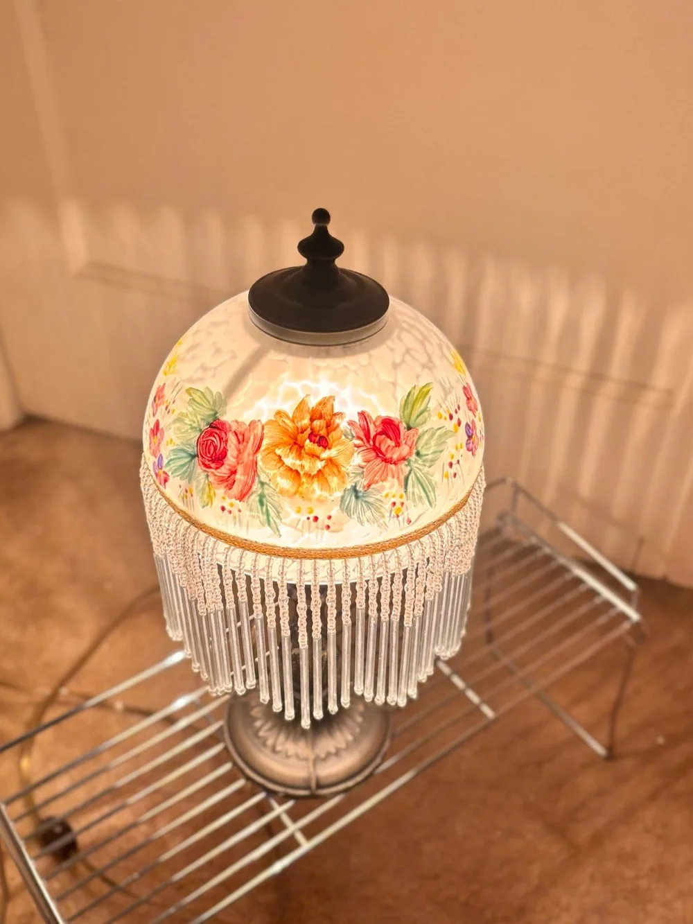 Vintage Hand Painted Floral Beaded Lamp - Bronze Base